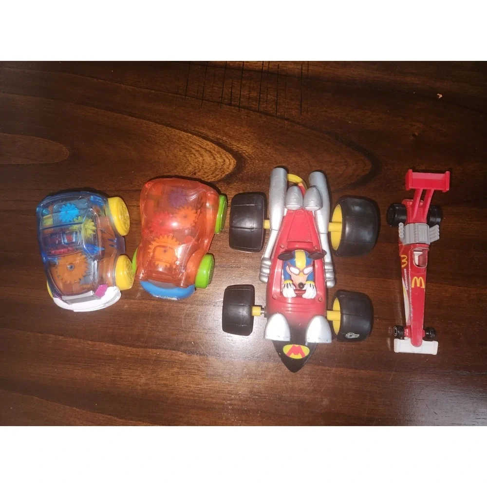 Lot of 4 Vintage toy cars. Pull string Mickey Kart, McDonalds 1993, clear gear
